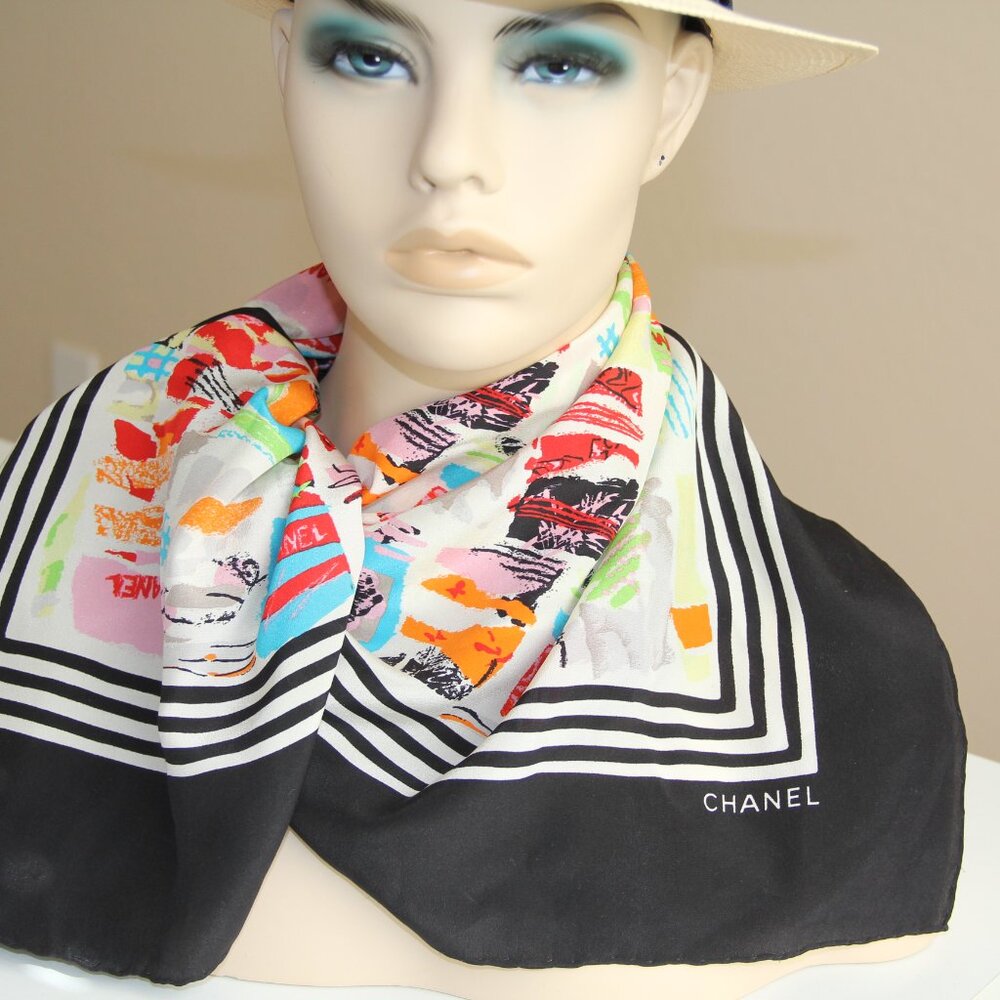 Chanel Black and Multi-Color Silk Scarf. This RARE Color-Authentic Original - Picture 10 of 14